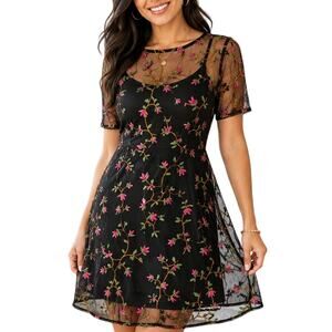 Forever 21 Black Pink Floral Embroidered Mesh Dress M